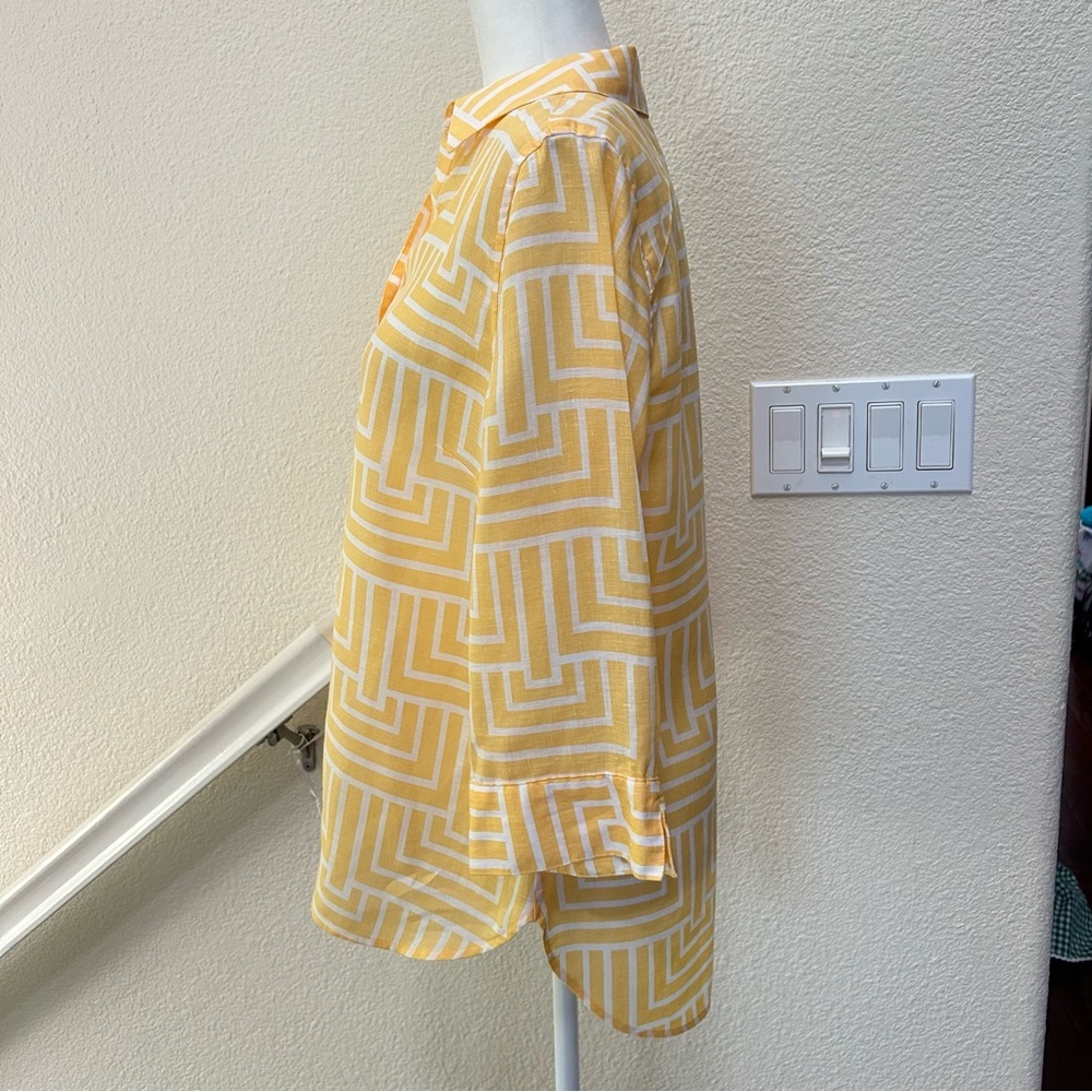 Chico's No-Iron button-down shirt 100% linen size 1 yellow 3/4 sleeve - Picture 3 of 10